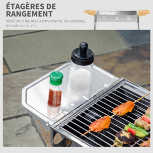 Barbecue à charbon portable BBQ grill sur pieds 2 tablettes rabattables dim. 93L x 30l x 60H cm acier inox.