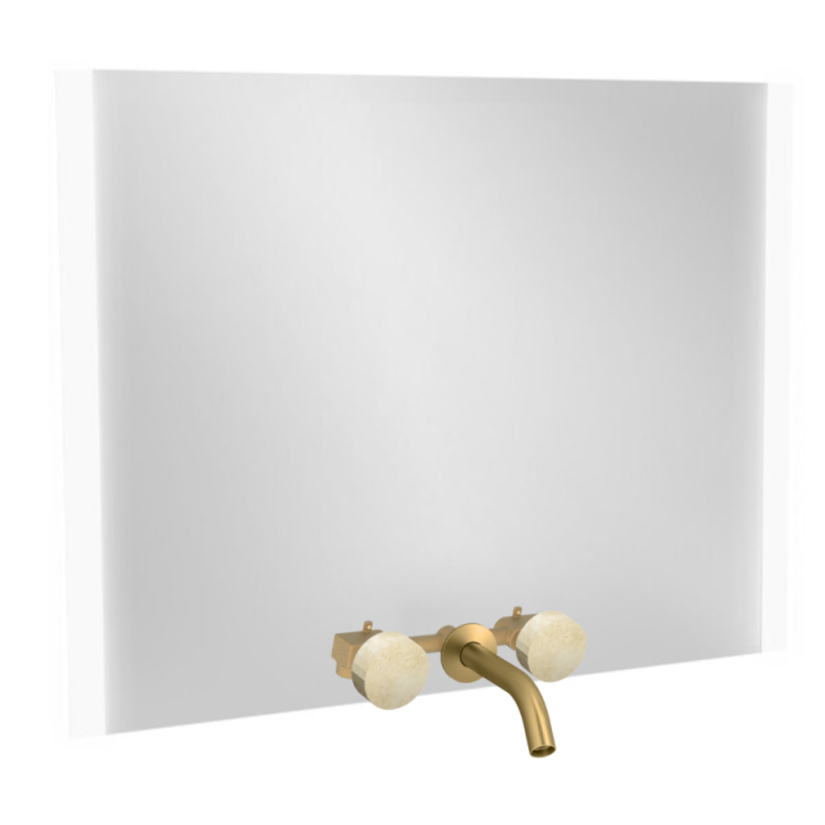 Miroir 3 trous 100 cm + mélangeur lavabo encastré 3 trous Grands Boulevards marbré travertin sable et laiton brossé