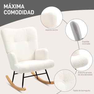 Mecedora de Borreguito Mecedora para Lactancia con Respaldo Capitoné y Base de Madera de Caucho Carga 120 kg Silla Mecedora para Salón Dormitorio Crema