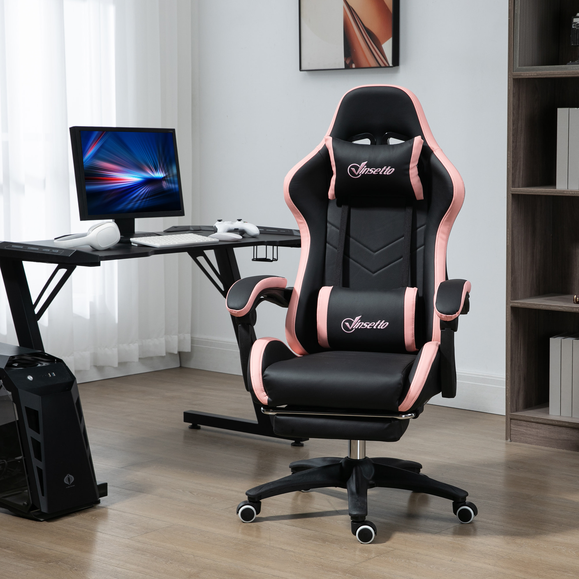 Chaise gaming - chaise de bureau gamer inclinable réglable repose-pieds rétractable coussins synthétique noir rose