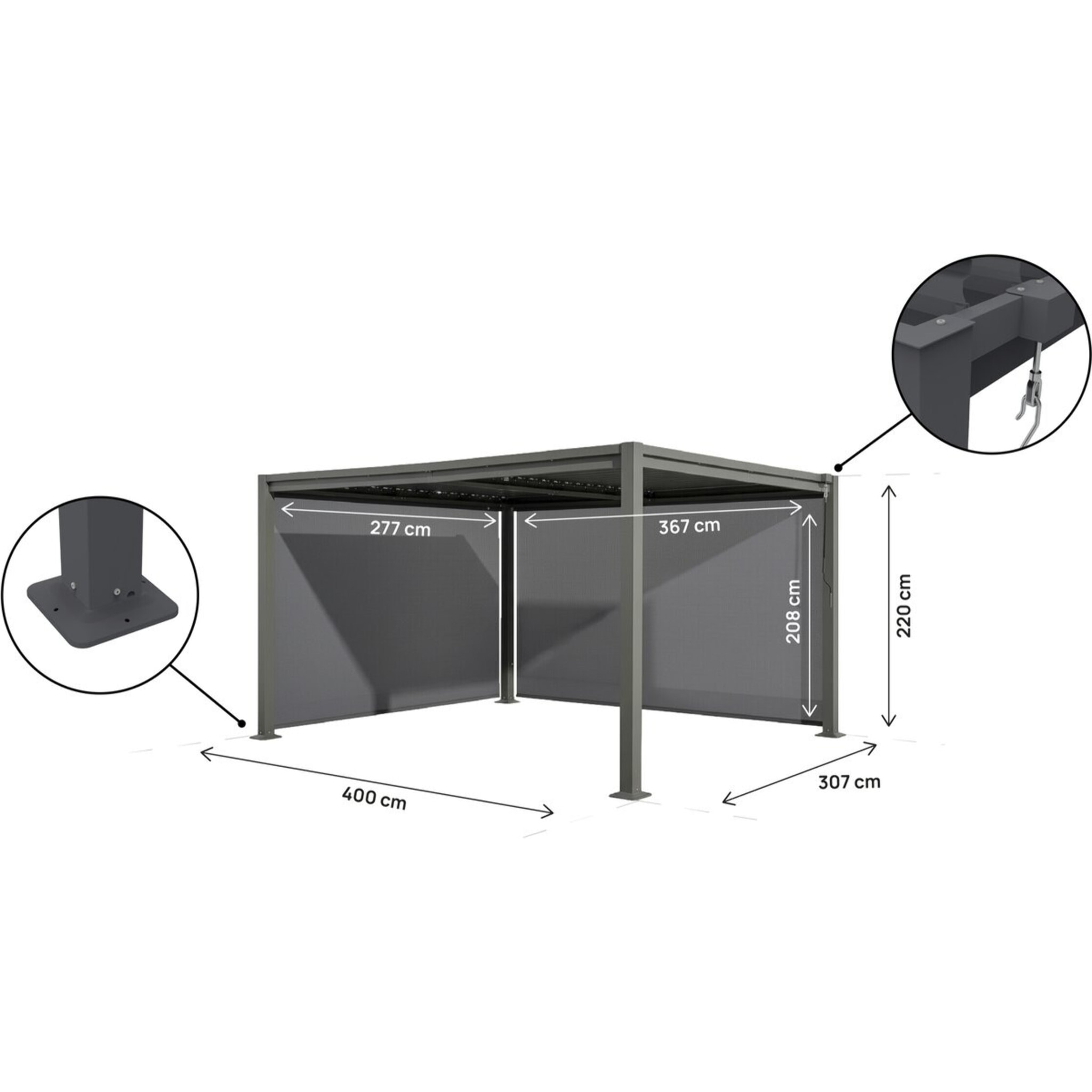 Pergola bioclimatique avec 2 stores en acier galvanisé "Howard" - 3 x 4 m - Gris