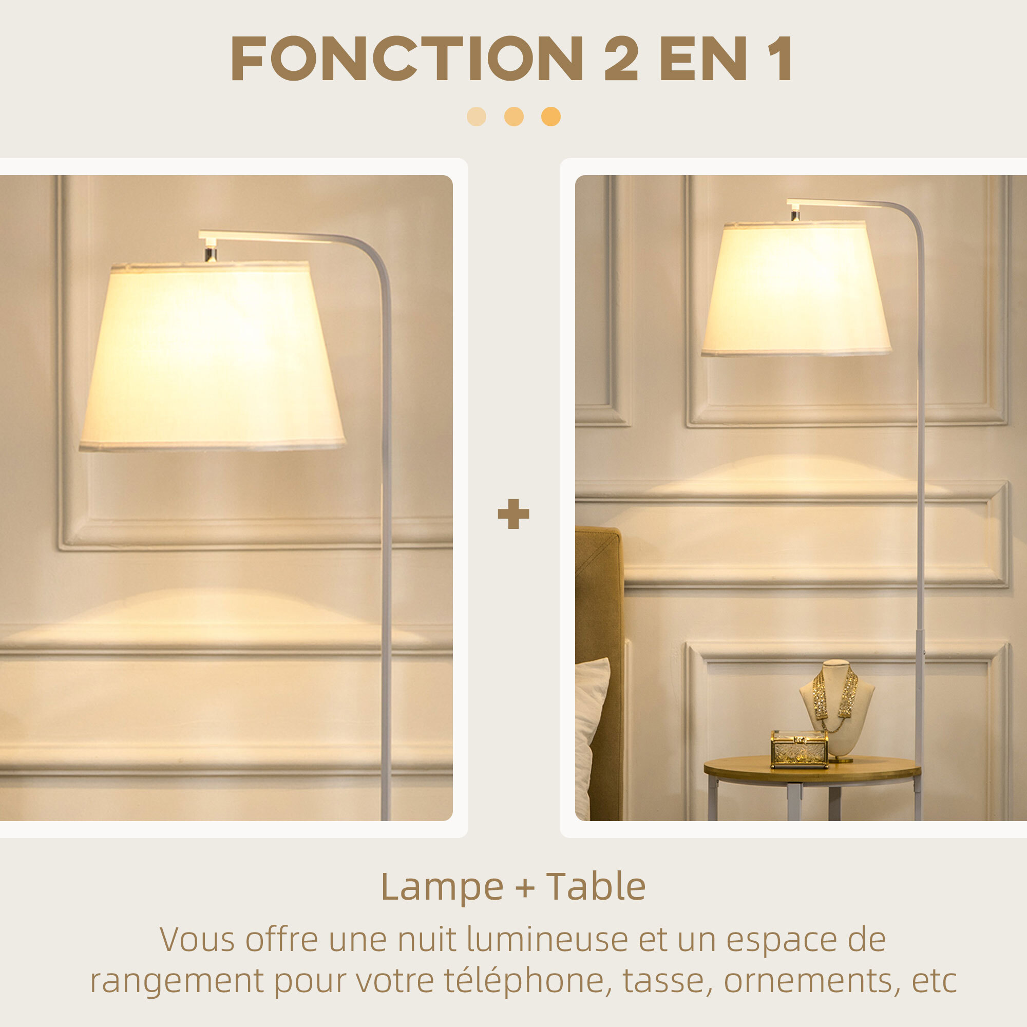 Lampadaire étagères design dim. Ø 37 x 162H cm 40 W max. bois bambou verni métal abat-jour tissu blanc