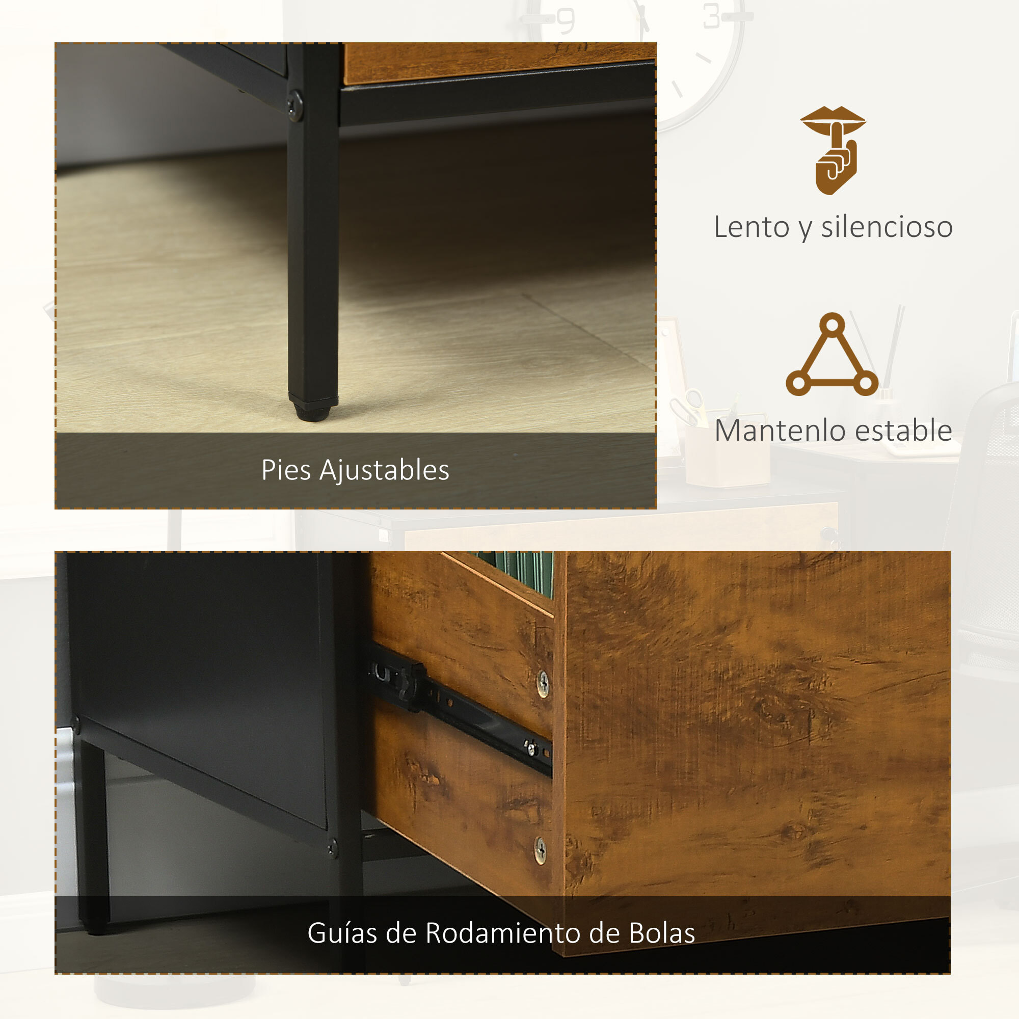 Cajonera de Oficina Industrial con 2 Cajones Cajonera para Archivadores con Cerradura y Carpetas Colgantes para Tamaño A4 80x39x73,5 cm Marrón