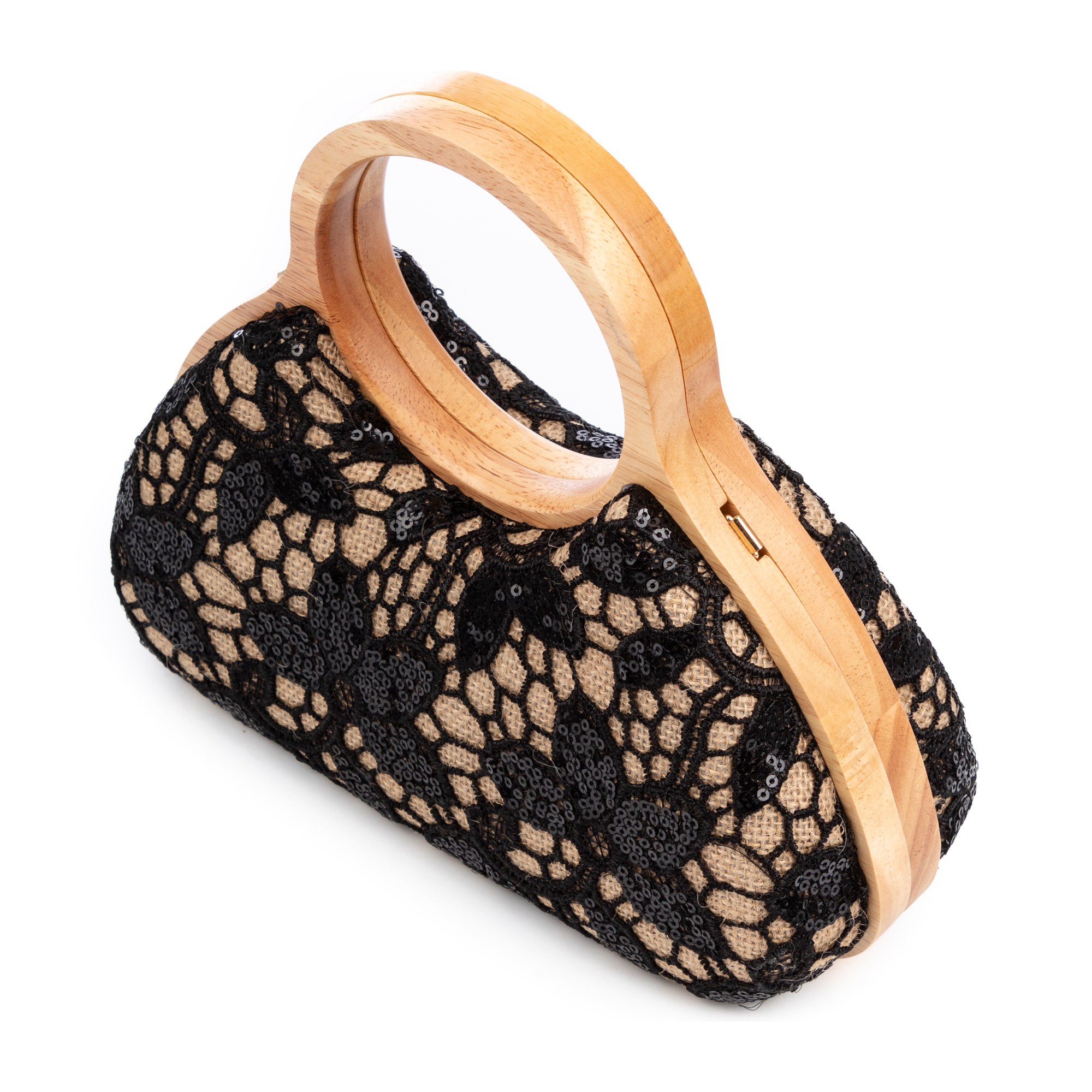 Avisio borsa a mano realizzata in legno naturale, cotone e juta con design in rete di tessuto floreale