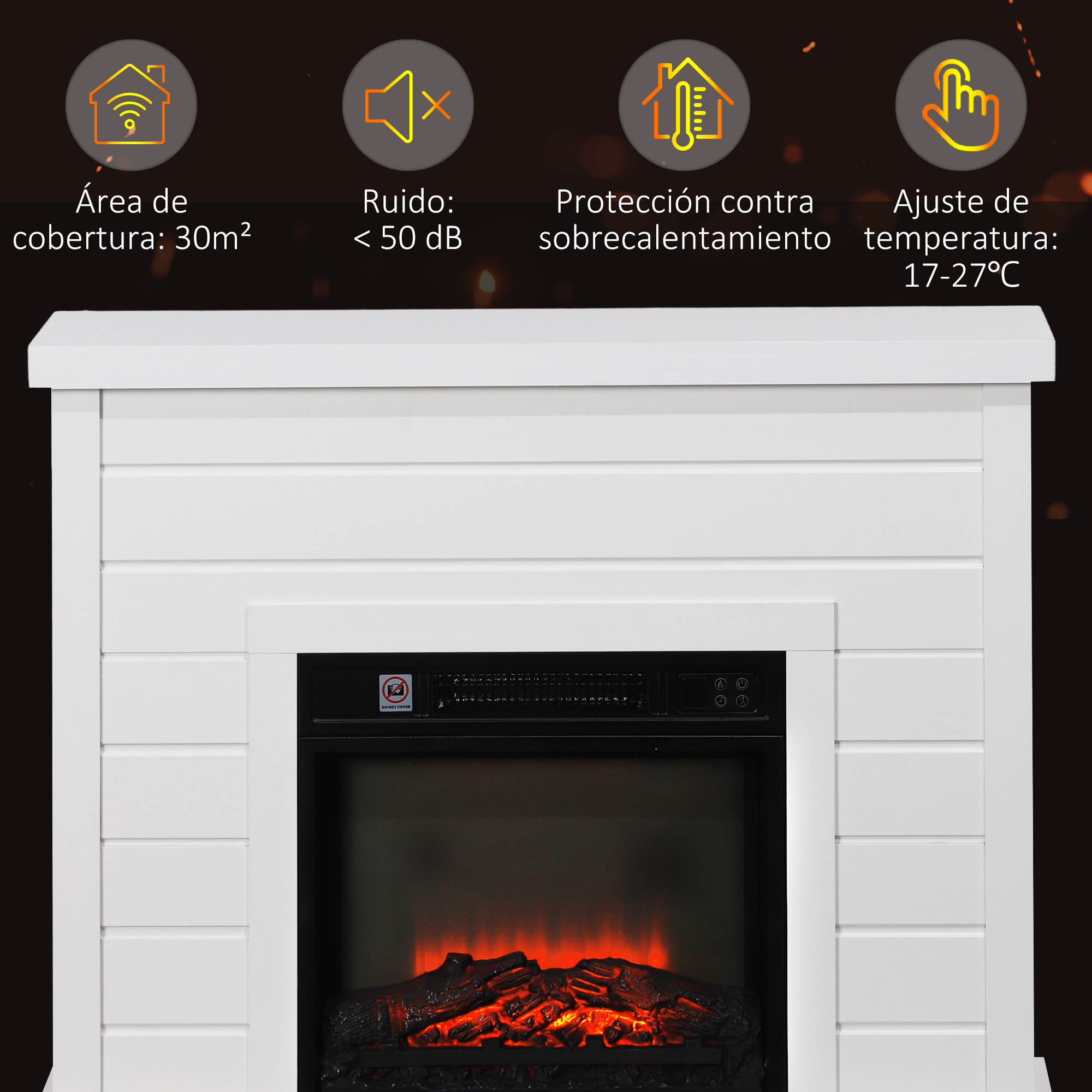 Chimenea Eléctrica 1800W Chimenea Decorativa con Efecto de Llama Mando a Distancia Temporizador Semanal Protección Contra Sobrecalentamiento para Sala 30 m² Blanco