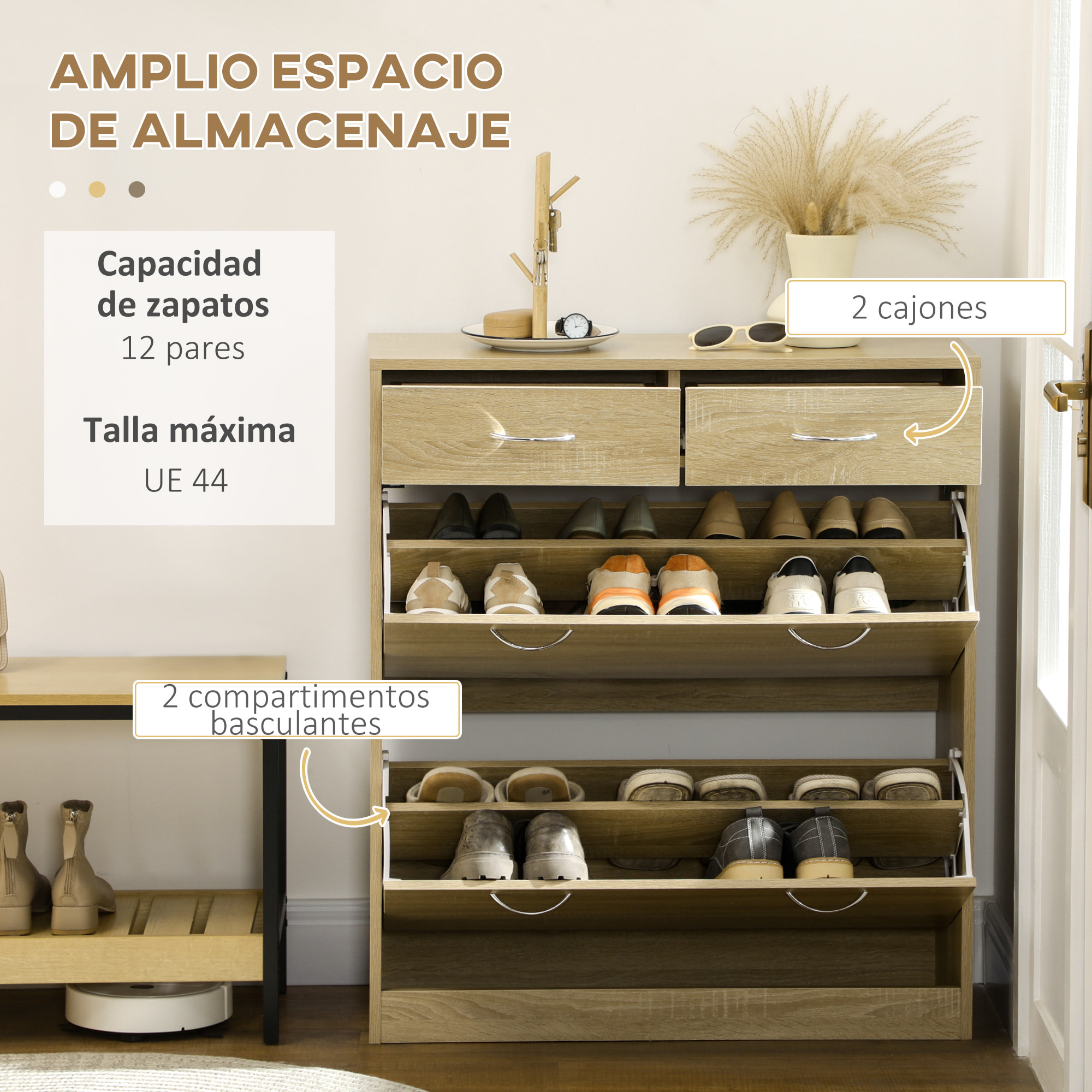Mueble Zapatero Estrecho Zapatero Entrada Recibidor con 2 Cajones Abatibles y 2 Cajones Extraíbles para 12 Pares de Zapatos para Pasillo 80x30x91,5 cm Roble