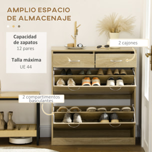 Mueble Zapatero Estrecho Zapatero Entrada Recibidor con 2 Cajones Abatibles y 2 Cajones Extraíbles para 12 Pares de Zapatos para Pasillo 80x30x91,5 cm Roble
