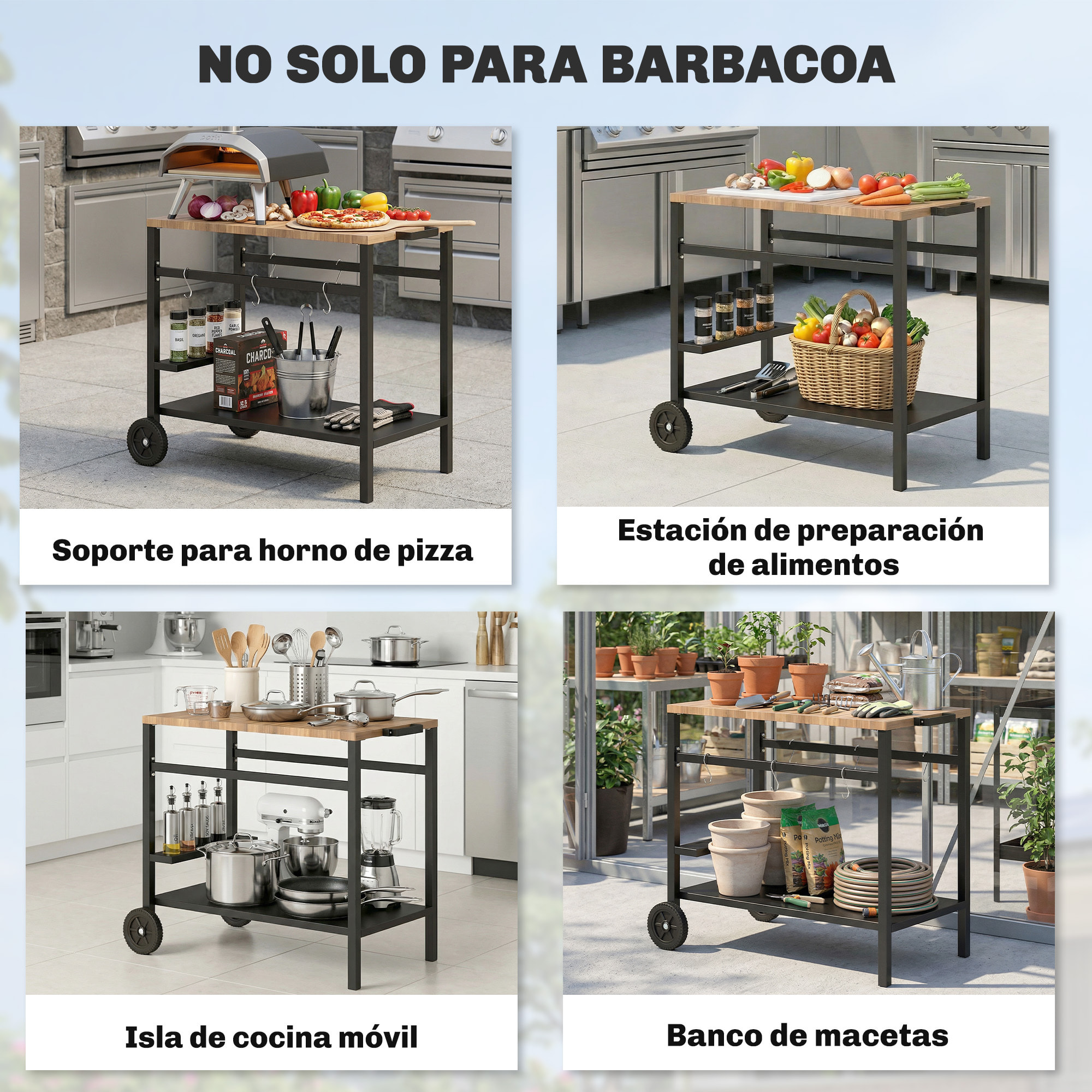 Carrito de Barbacoa de 2 Niveles Mesa Auxiliar para Barbacoa Móvil con Ruedas Portabebidas Ganchos Asa Encimera Imitación madera Mesa de Horno de Pizza para Exterior Negro y Marrón