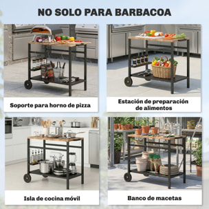Carrito de Barbacoa de 2 Niveles Mesa Auxiliar para Barbacoa Móvil con Ruedas Portabebidas Ganchos Asa Encimera Imitación madera Mesa de Horno de Pizza para Exterior Negro y Marrón
