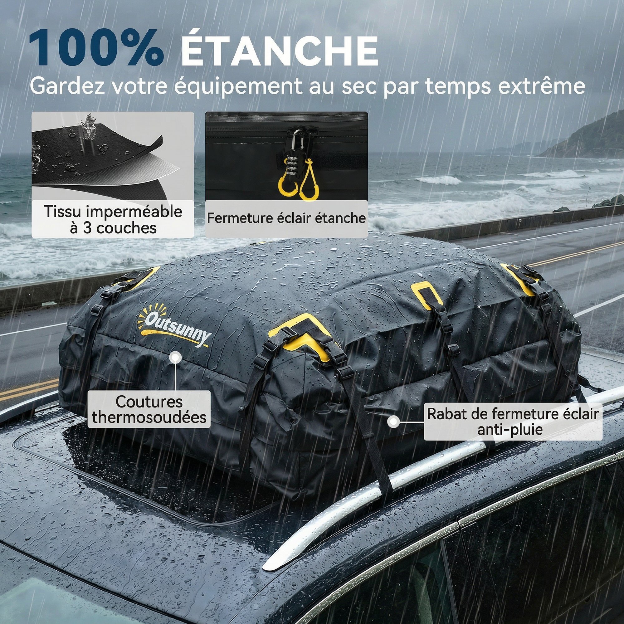 Coffre de toit souple pliant 595L avec accessoires charge max. 50 Kg jaune noir