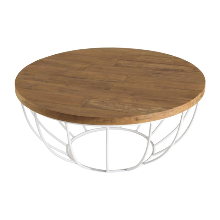 SIXTINE - Table basse coque ronde 80x80cm plateau teck recyclé piétement métal blanc
