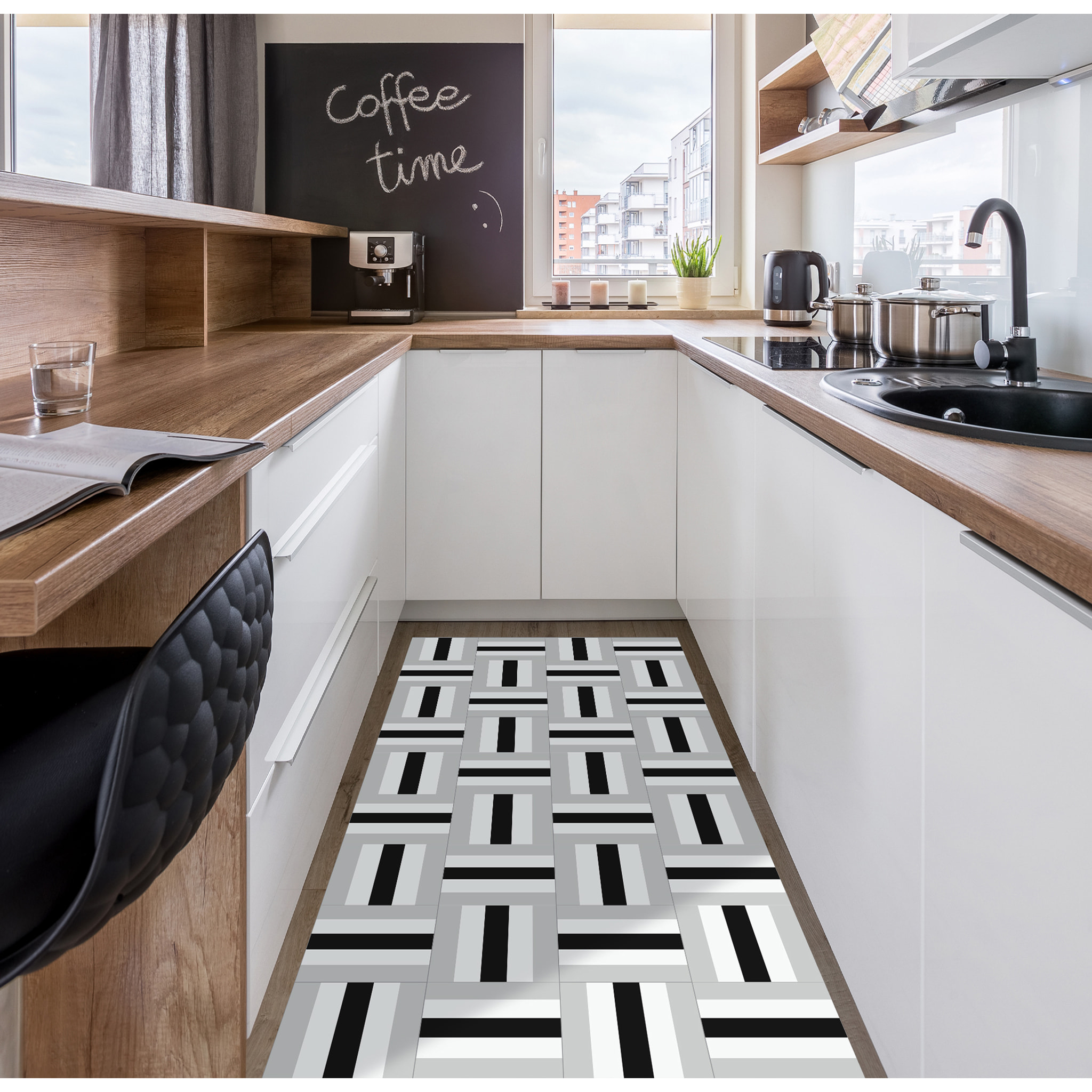 Alfombra de vinilo Olivier 100x133 cm - PVC antideslizante, vinilica para cocina o salón, lavable, estilo geométrico