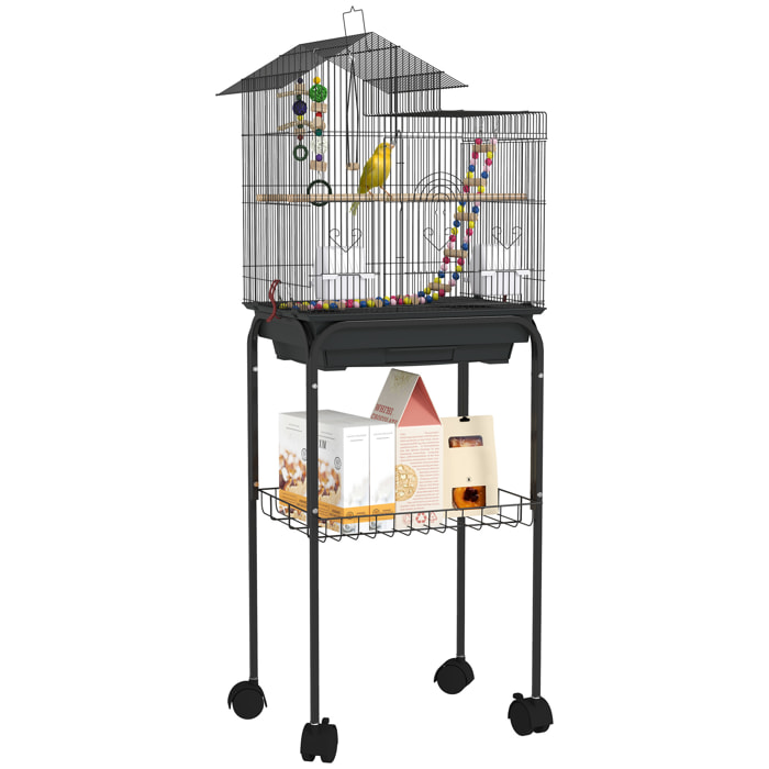 Jaula para Pájaros con Ruedas Pajarera con Cesta Múltiples Puertas 2 Comederos 2 Perchas Columpio Escaleras y Bandeja Extraíble para Loros Canarios Periquitos 46x36x120 cm Negro