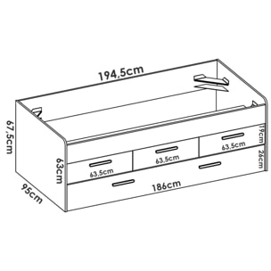 Letto per bambini Alben, Struttura con secondo lettino estraibile, Letto singolo per cameretta con 3 cassettoni, 194x95h68 cm, Bianco