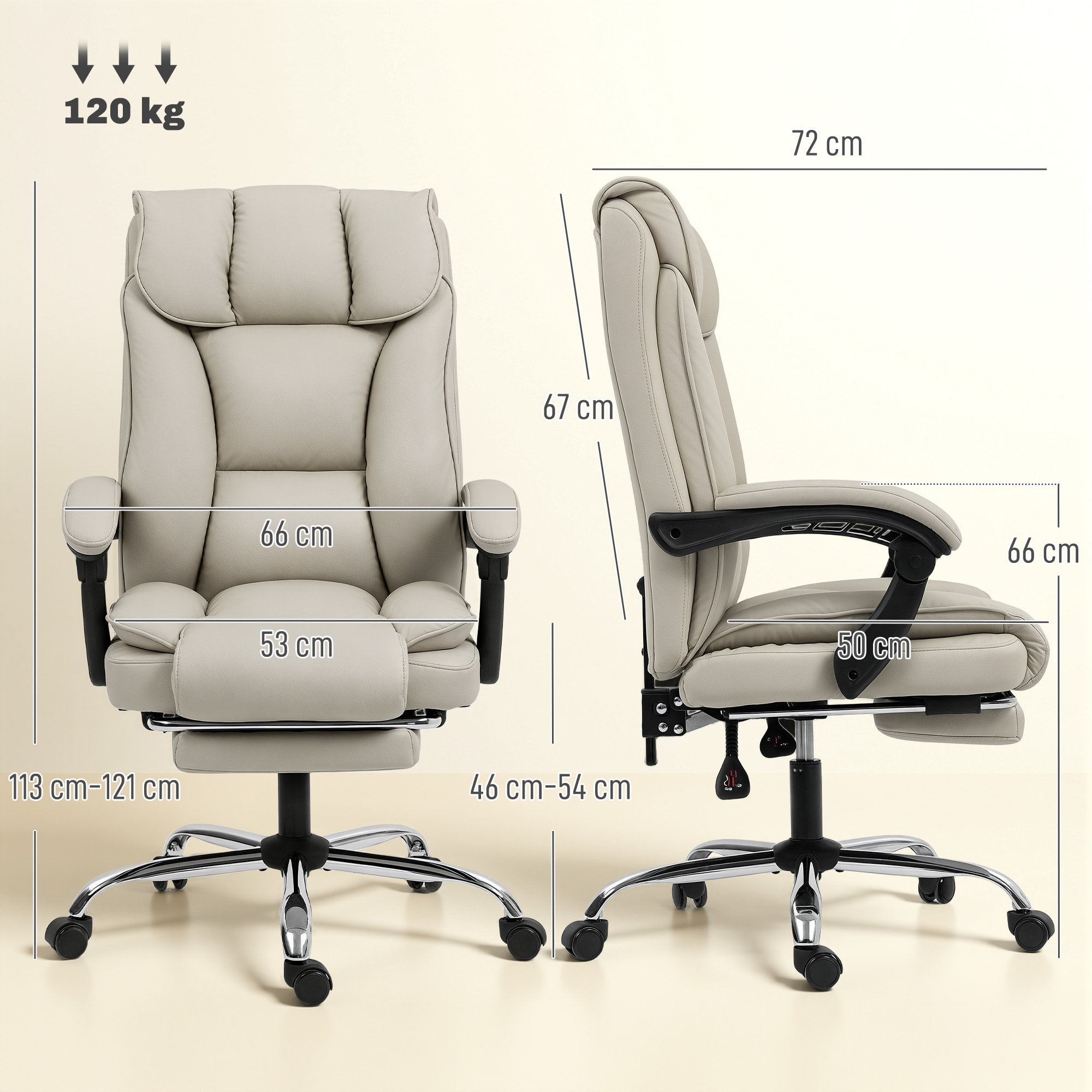 Silla de Escritorio con Reposapiés, Silla de Oficina Giratoria, con Respaldo Reclinable y Alto, Acolchado Grueso Doble, Tapizada en Cuero Sintético Resistente, Altura Ajustable, Caqui