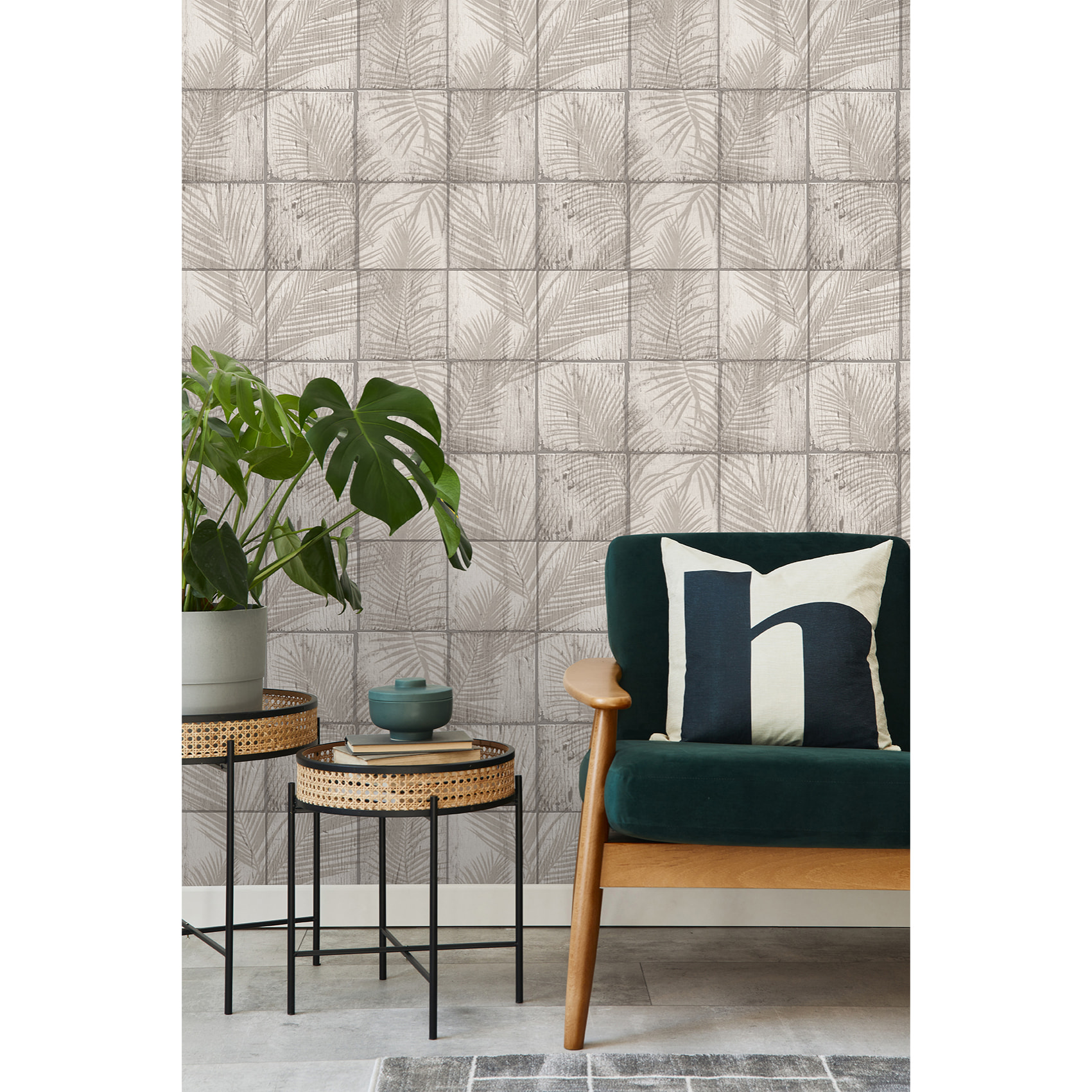 Papier peint carreaux bois flotté ombres palmiers