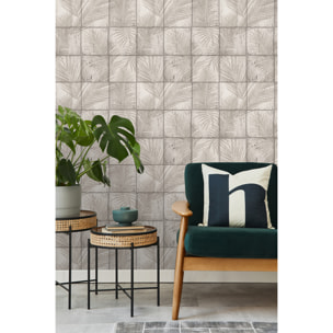 Papier peint carreaux bois flotté ombres palmiers