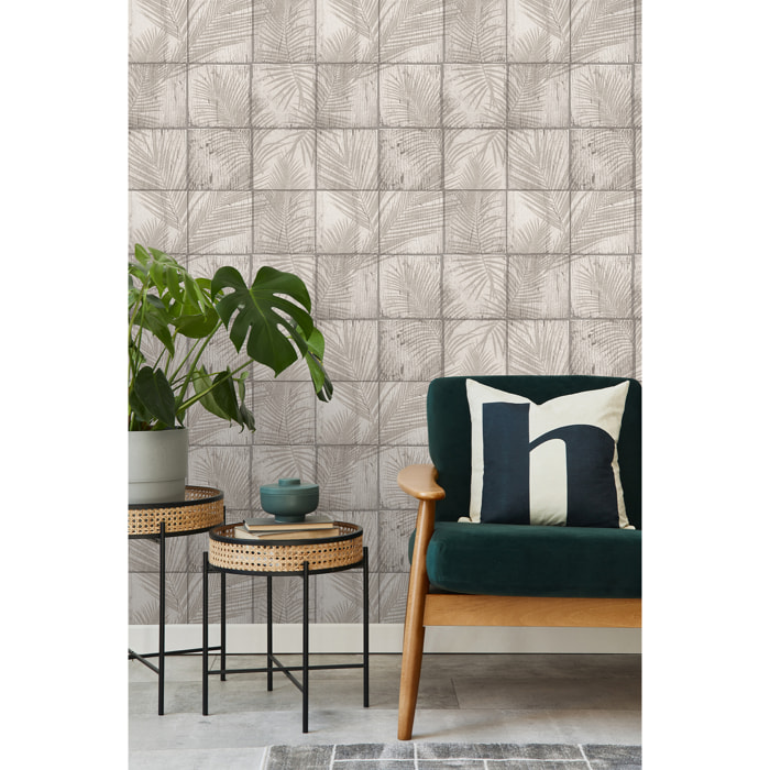 Papier peint carreaux bois flotté ombres palmiers
