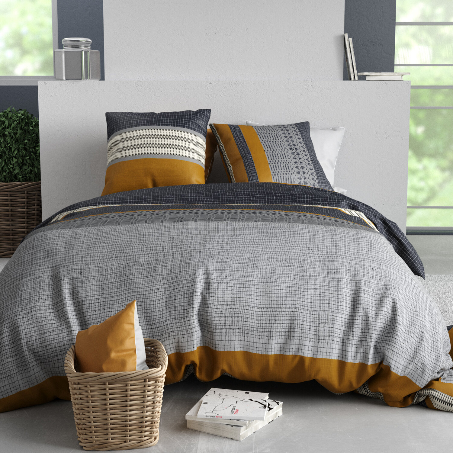 Parure housse de couette coton gris