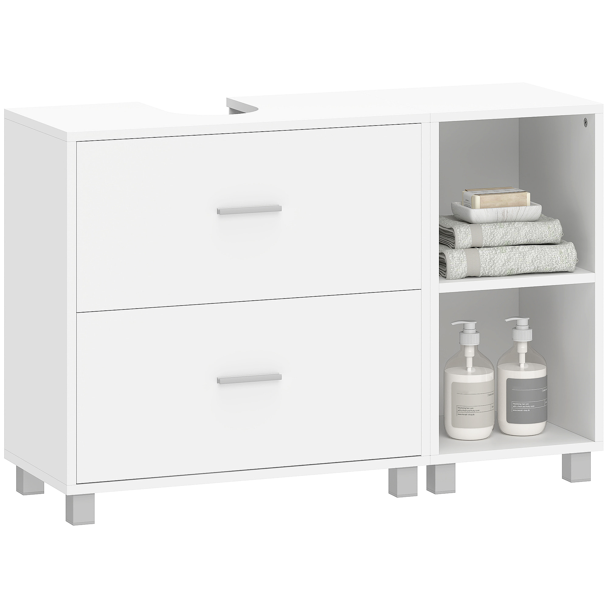 Mueble Bajo Lavabo, Mueble de Baño con 2 Cajones y 2 Estantes Abiertos, Estilo Moderno, para Lavabo con Pedestal, 90x30x60 cm, Blanco
