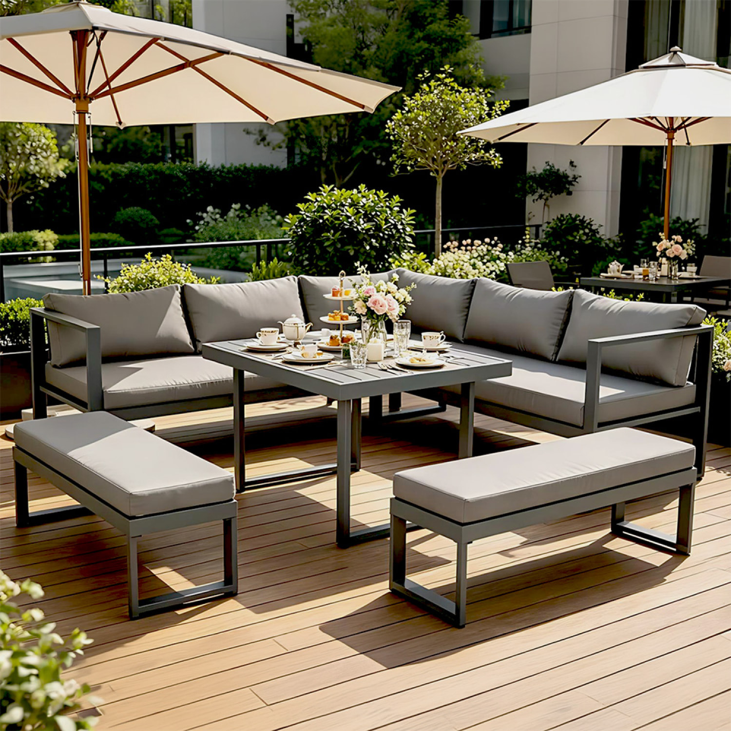 Salon de jardin gris foncé 7-9 places canapé + 2 bancs SATIPO