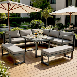 Salon de jardin gris foncé 7-9 places canapé + 2 bancs SATIPO