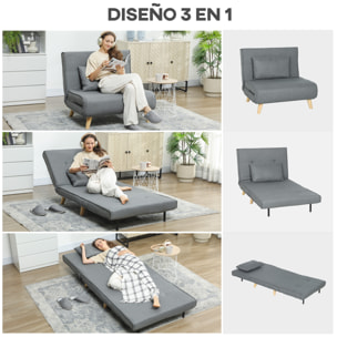 Sofá Cama de 1 Plaza 3 en 1, Sillón Cama Plegable Tapizado en Lino Sintético, con Respaldo Ajustable en 6 Niveles, Almohada, Asiento Ancho, Patas de Madera, 90x78x79 cm, Gris