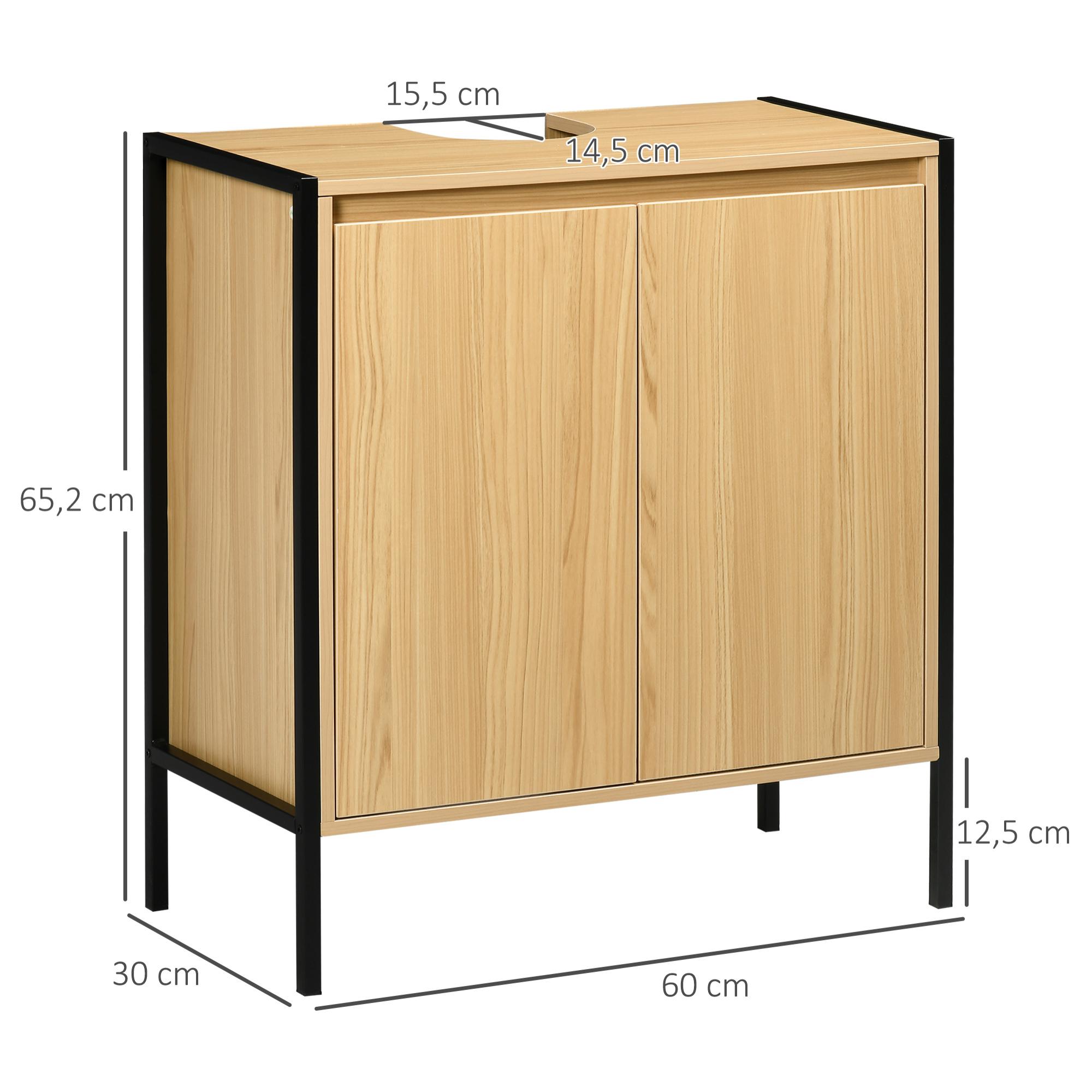 Mueble para Debajo del Lavabo Armario de Suelo para Baño de Madera con 2 Puertas y Estante Ajustable Interior Estilo Industrial Antivuelco 60x30x65,2 cm Roble