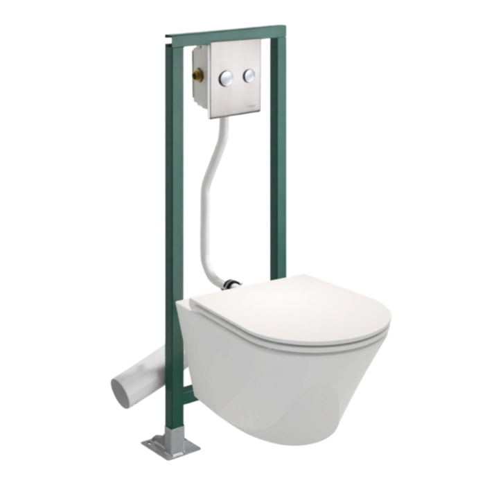 Pack WC suspendu sans bride Rodin+ + Abattant frein de chute + Bâti-support autoportant PRESTO + Plaque chromée
