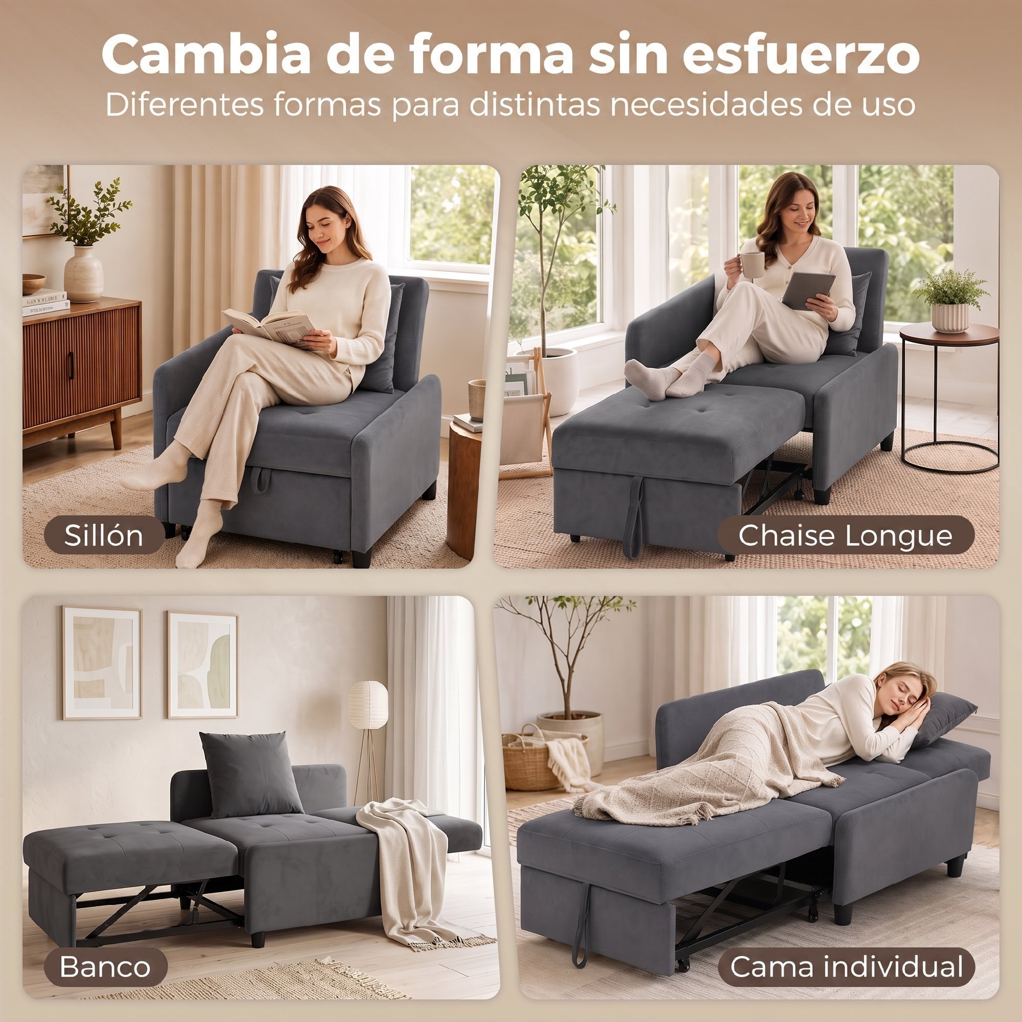 Sofá Cama 1 Plaza Convertible 4 en 1, Sillón Cama Plegable, Tapizado en Terciopelo, Respaldo Ajustable, Almohada con Funda Lavable, para Salón, 72,5x89,5x83 cm, Gris Oscuro