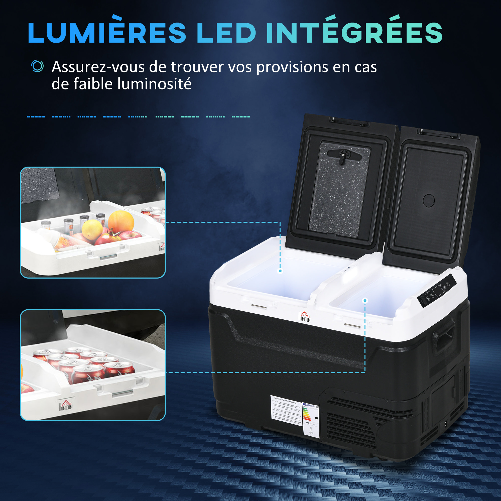 Glacière électrique portable 40L pour voiture - congélateur réfrigérateur 2 zones - LED - noir blanc