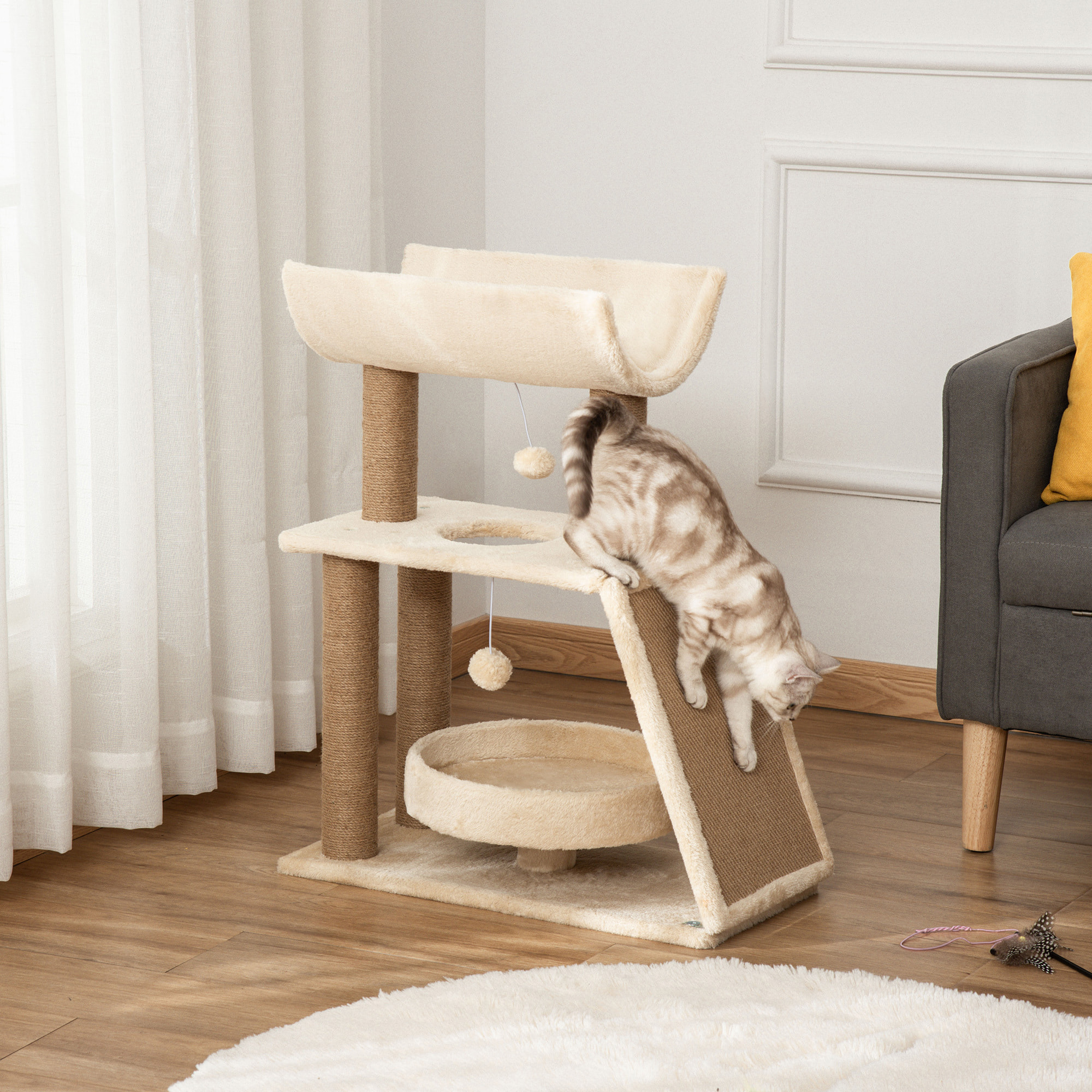Arbre à chat griffoirs grattoir jeu boules suspendues plateformes ronde, rectangulaire et demi-cylindrique peluche jute naturelle beige