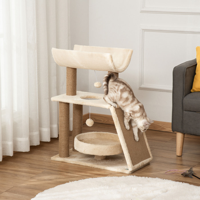 Arbre à chat griffoirs grattoir jeu boules suspendues plateformes ronde, rectangulaire et demi-cylindrique peluche jute naturelle beige