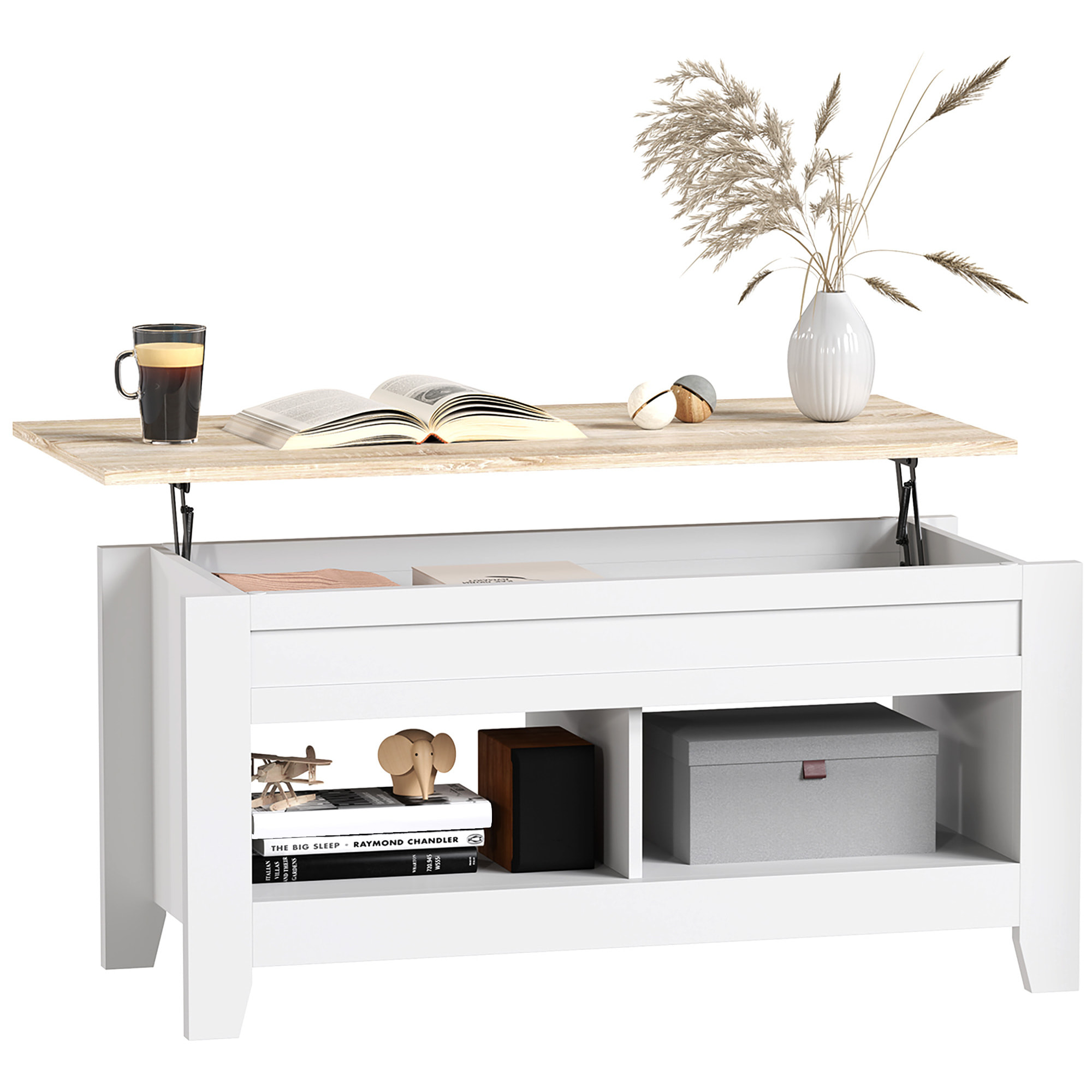 Mesa de Centro Elevable Mesa de Café con Encimera Elevable 2 Compartimentos Abiertos y Espacio Oculto de Almacenaje 105x50x49 cm Blanco y Natural