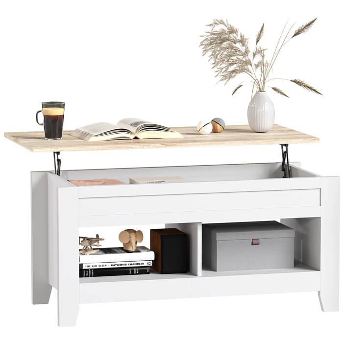Mesa de Centro Elevable Mesa de Café con Encimera Elevable 2 Compartimentos Abiertos y Espacio Oculto de Almacenaje 105x50x49 cm Blanco y Natural