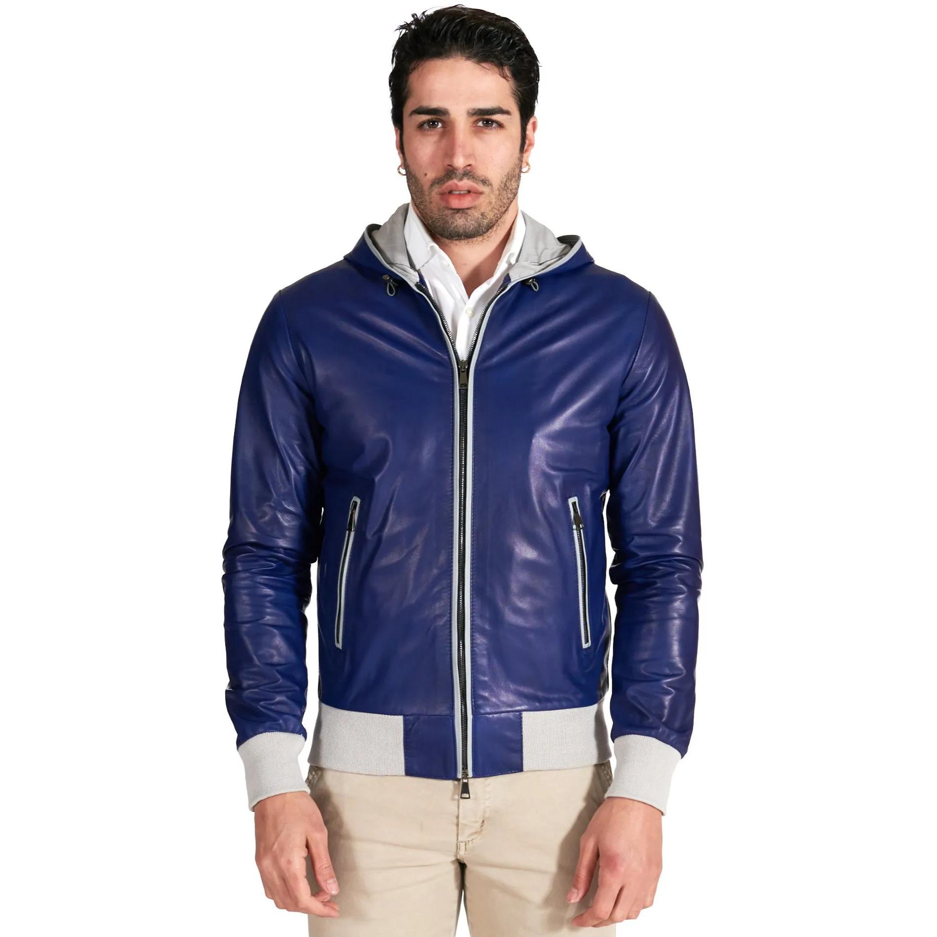 Giacca bomber in pelle blu elettrico con cappuccio