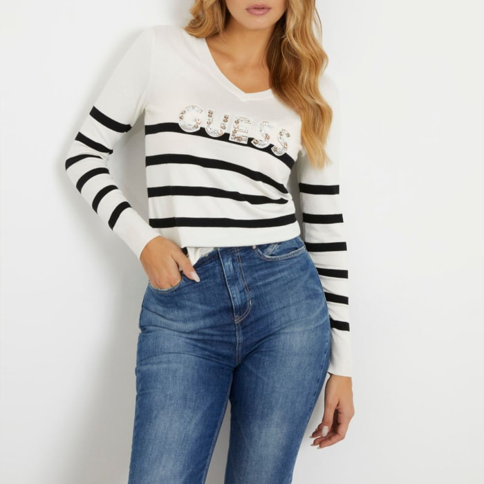 Pull Hailey - orné de strass - logo - blanc et noir