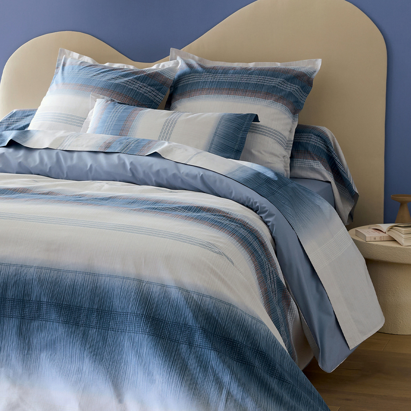 Parure de lit 3 pièces percale de coton dégradé rayé housse + taies - Bleu