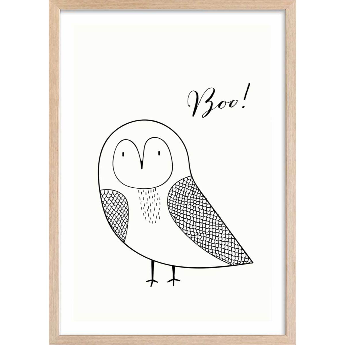 Affiche dessin ""hibou boo"" Affiche + cadre en bois - Chêne
