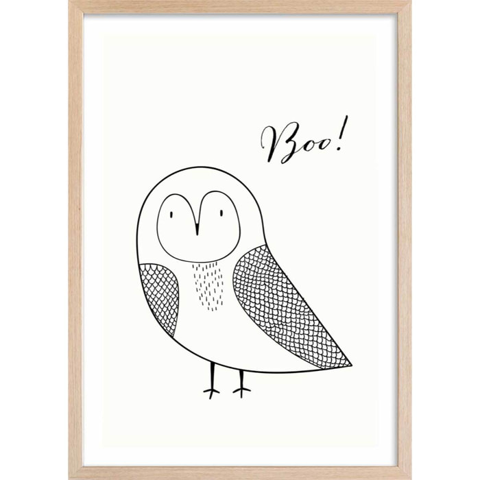 Affiche dessin ""hibou boo"" Affiche + cadre en bois - Chêne