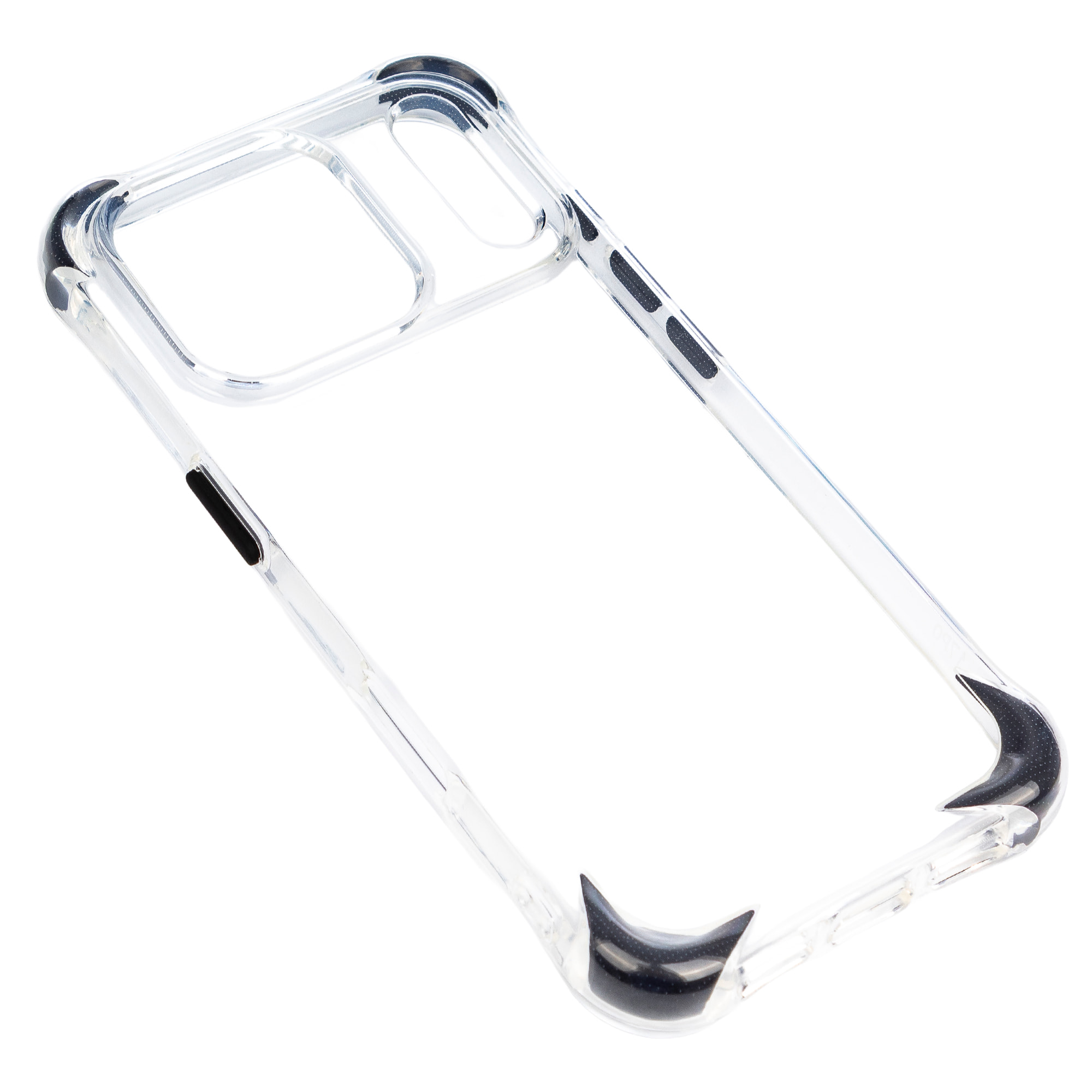 Custodia trasparente con rilievo protettivo per fotocamera, angoli rinforzati neri, antiurto e antifingerprint Magsafe per iPhone 17 Pro.