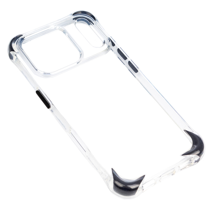 Custodia trasparente con rilievo protettivo per fotocamera, angoli rinforzati neri, antiurto e antifingerprint Magsafe per iPhone 17 Pro.