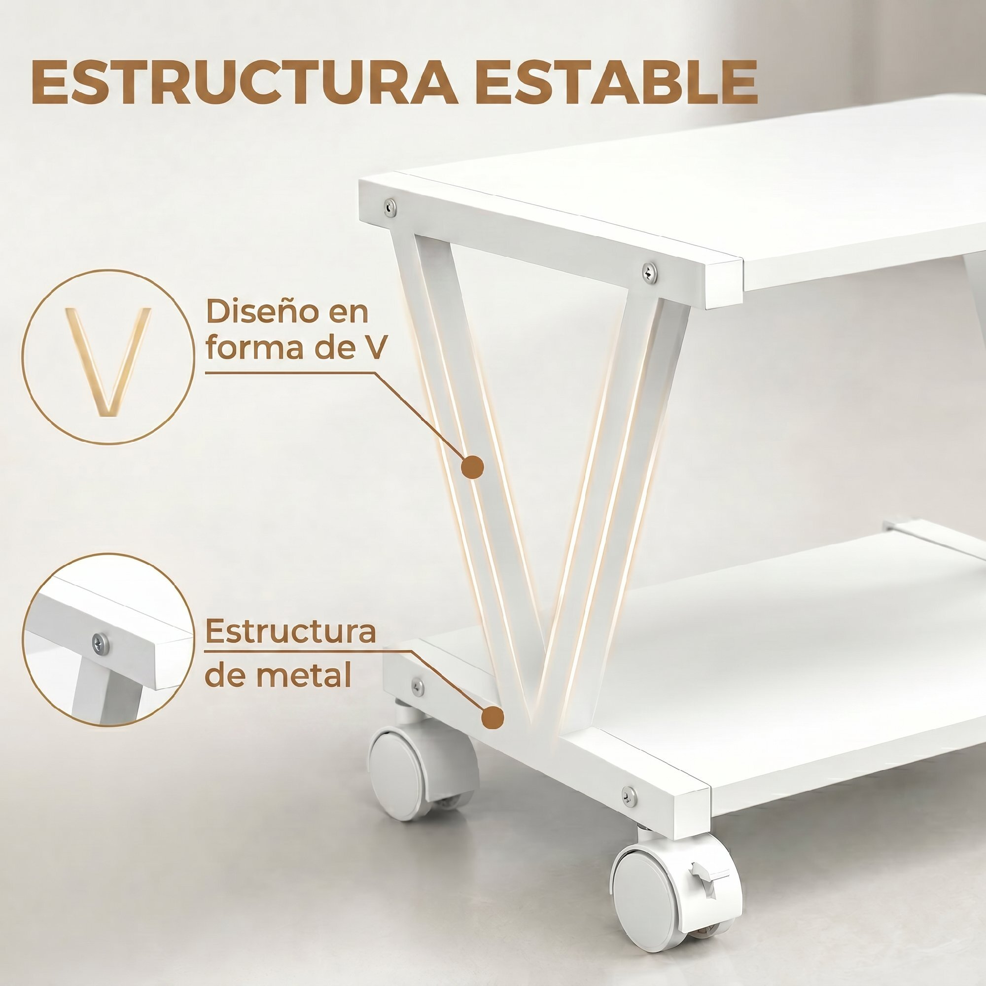 Soporte para Impresora de 2 Niveles con Ruedas Bloqueables, Mueble para Impresora con Marco Metálico en V, Estante Multiusos Bajo Escritorio para Oficina, Casa, Blanco
