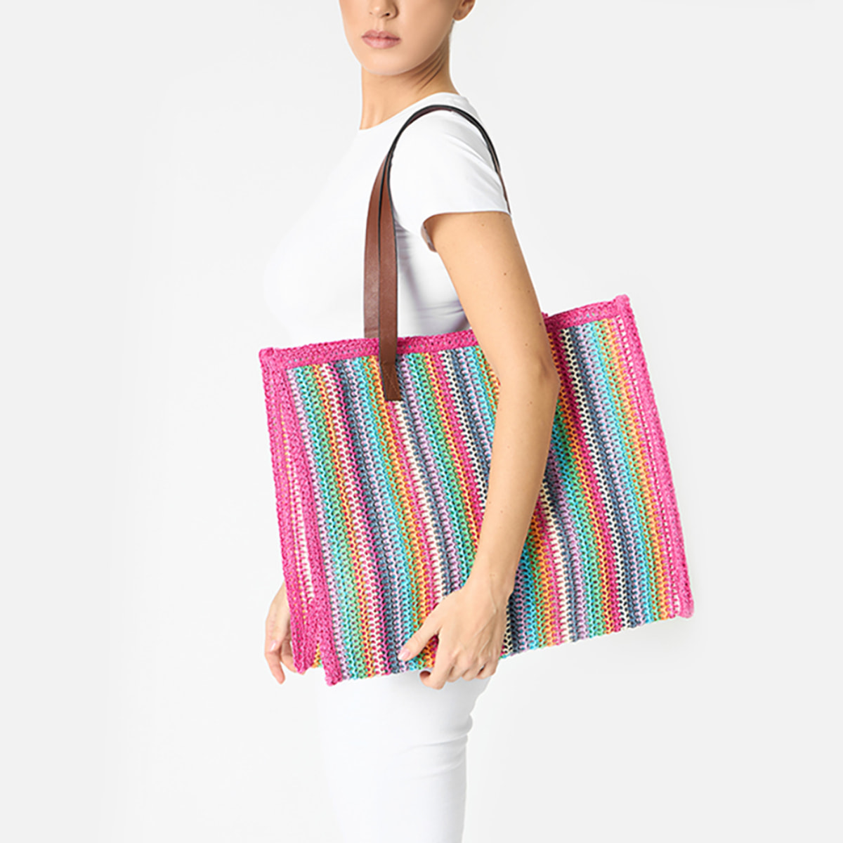 Borsa donna mare grande multicolor in raffia