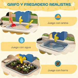 Cocina de Juguete Exterior con Ruedas, Cocinita Infantil de Madera con Agua Real, Fregadero, Estufas, Estantes, Macetas, Pizarra y 15 Accesorios, 84,2x34,4x90 cm, Amarillo