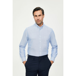 Camicia Uomo 1 Bottone Button Down Slim Oxford Lavato Unito Bluette