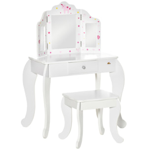 Coiffeuse enfant avec tabouret, miroir triptyque et tiroir coulissant - coiffeuse dim. 63L x 40l x 85,5H cm - MDF blanc, rose