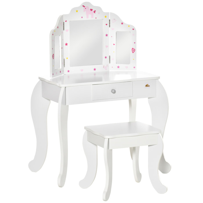 Coiffeuse enfant avec tabouret, miroir triptyque et tiroir coulissant - coiffeuse dim. 63L x 40l x 85,5H cm - MDF blanc, rose