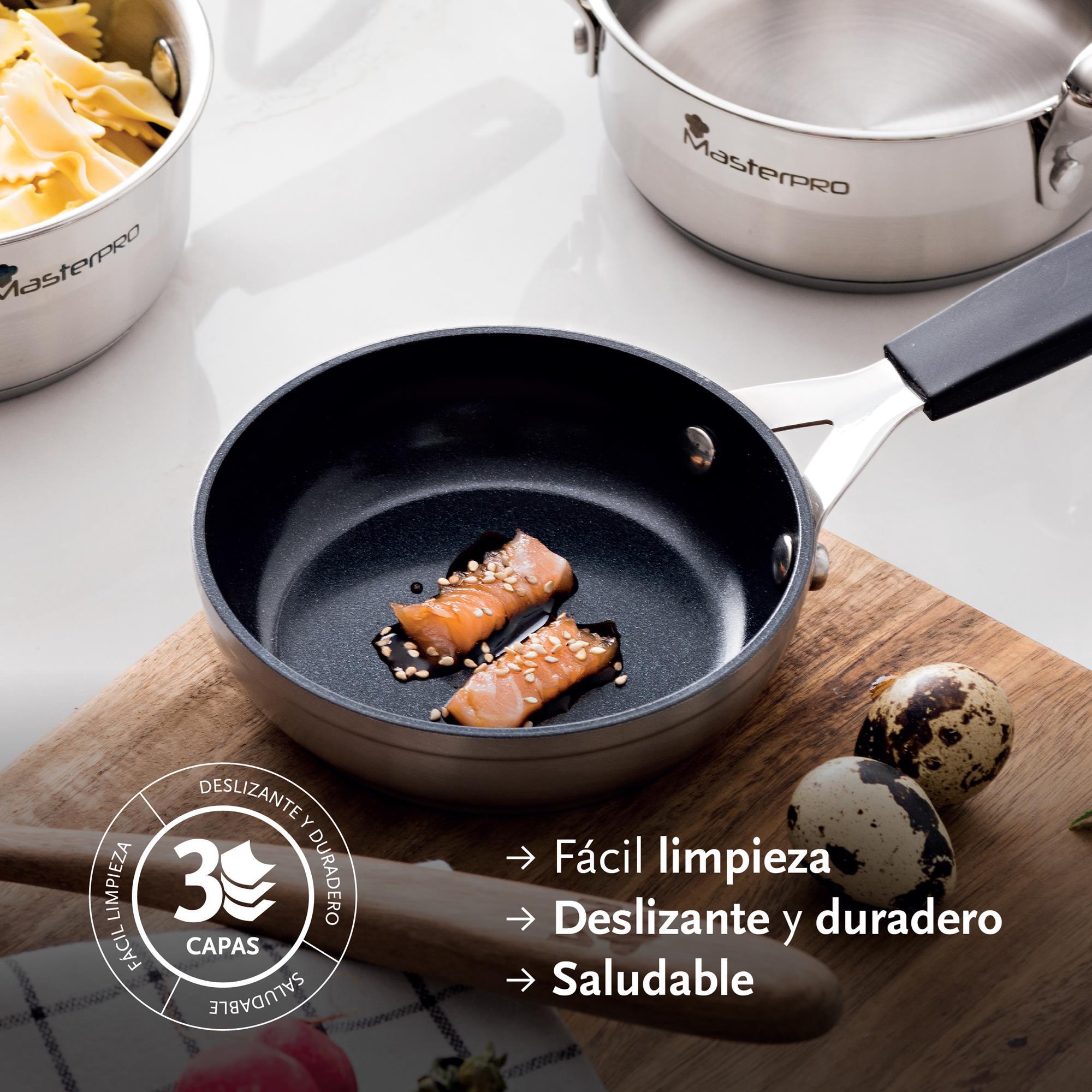 Juego de 3 sartenes ø20ø24ø28cm y plancha grill 32x23cm + 4 protectores en aluminio forjado antiadherentes masterpro