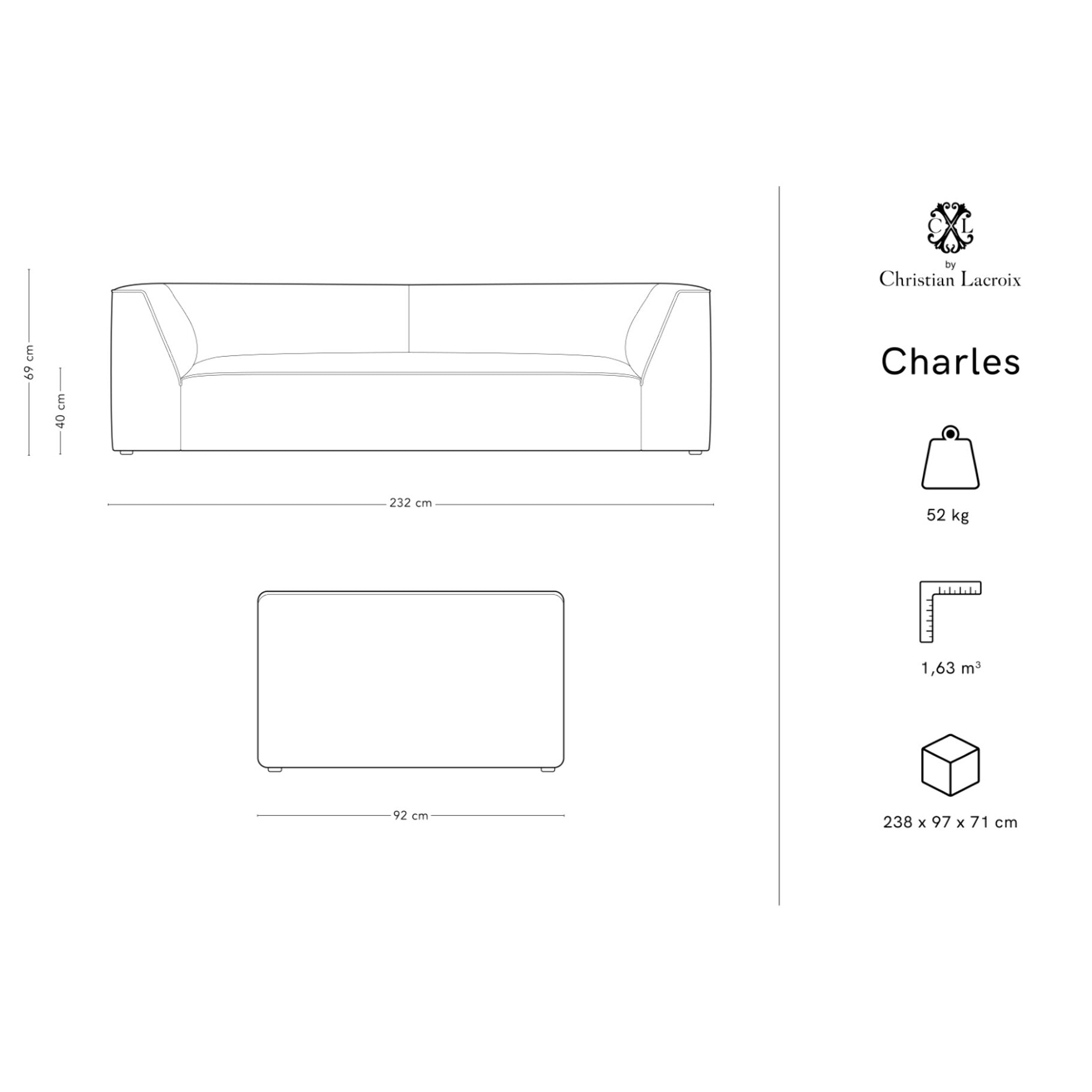 Canapé "Charles" 3 places en velours gris foncé